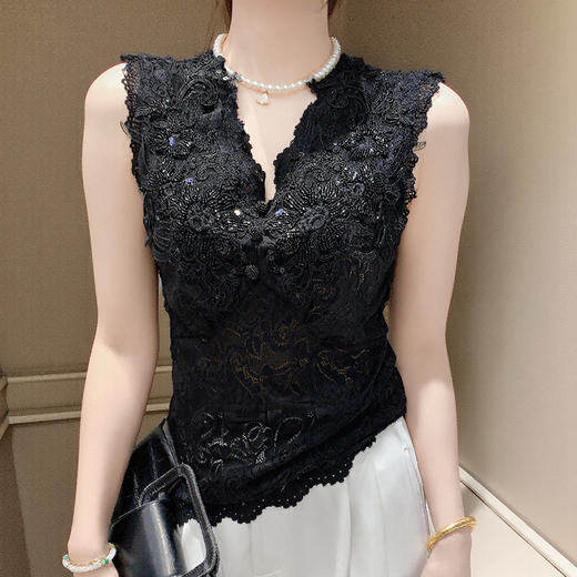 KQLA55F8861V领蕾丝背心女2025春夏新款时尚修身重工钉珠打底衫无袖内搭上衣 商品图3