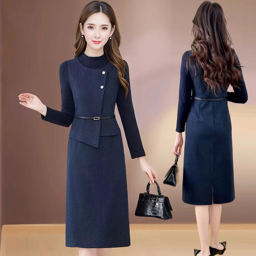 时尚优雅假两件连衣裙，韩版修身中长款女士裙子QYM-XYKL-SDB21 商品图0