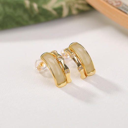 S925纯银镀金和田玉青玉竹节耳钉，复古新中式气质百搭银耳饰LJX-363 商品图1