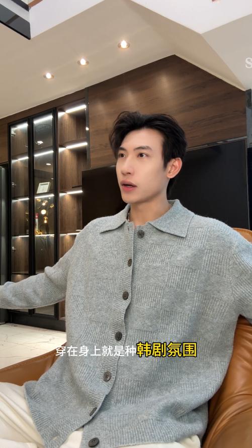 2151SDSA男士秋冬新款痞帅男装韩版格子纽扣翻领针织衫百搭时尚毛衣 商品图0