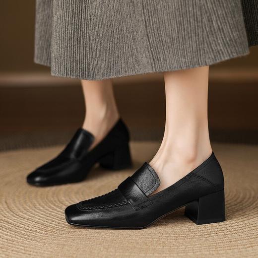 【预售5天】5cm复古风方头低跟浅口单鞋女真皮秋季中跟一脚蹬红色小皮鞋LD&7437 商品图1