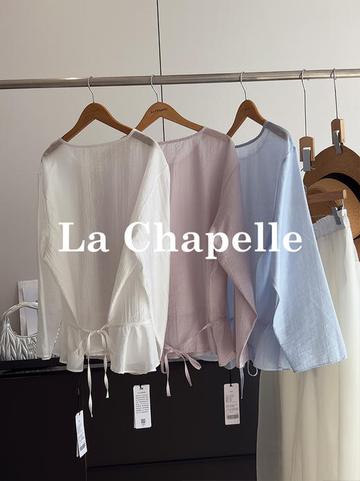 天猫同步【82.9%莱赛尔天丝】拉夏贝尔/La Chapelle圆领花边系带拼接下摆长袖衬衫女宽松甜美小众设计感衬衣 商品图2