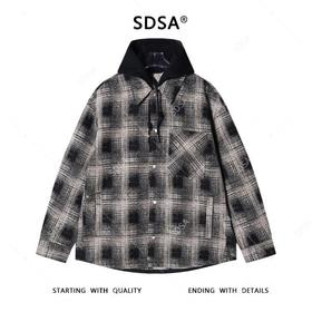 SDSA秋冬新款痞帅男装韩版撞色格纹拼接抽绳连帽衬衫百搭时尚外套