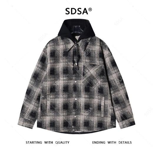 SDSA秋冬新款痞帅男装韩版撞色格纹拼接抽绳连帽衬衫百搭时尚外套 商品图0