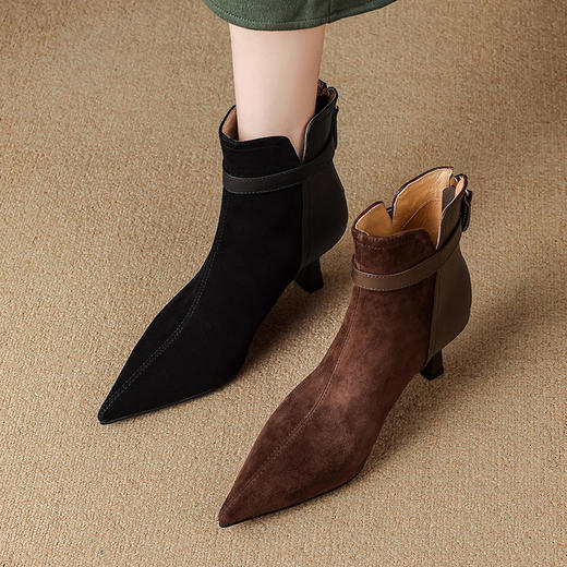 【预售5天】新款真皮气质翻毛皮绒面高跟鞋女靴加绒尖头细跟短靴女秋冬SLLK&sl-8138 商品图1