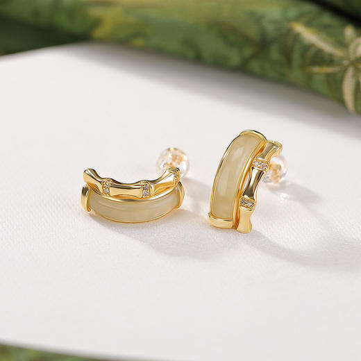 S925纯银镀金和田玉青玉竹节耳钉，复古新中式气质百搭银耳饰LJX-363 商品图2