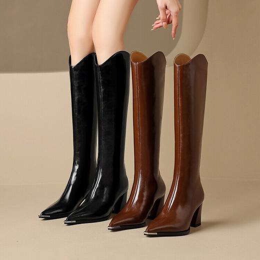 【预售7天】气质百搭V口显瘦尖头粗跟长靴女不过膝棕色高跟高筒靴KLLN&kl2868 商品图1