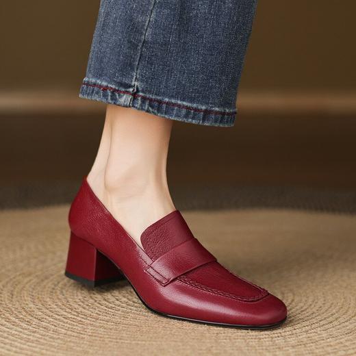 【预售5天】5cm复古风方头低跟浅口单鞋女真皮秋季中跟一脚蹬红色小皮鞋LD&7437 商品图4