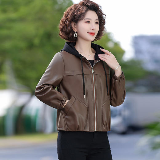 Aye9186短款海宁皮衣外套中老年女装小个子2025春秋款皮衣连帽妈妈皮夹克 商品图2