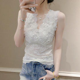 KQLA55F8861V领蕾丝背心女2025春夏新款时尚修身重工钉珠打底衫无袖内搭上衣