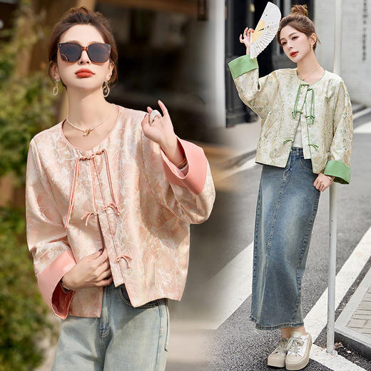 新中式国风绿色外套，复古提花休闲气质短款上衣HR-GJC2507A 商品图0