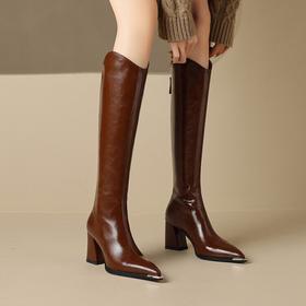 【预售7天】气质百搭V口显瘦尖头粗跟长靴女不过膝棕色高跟高筒靴KLLN&kl2868