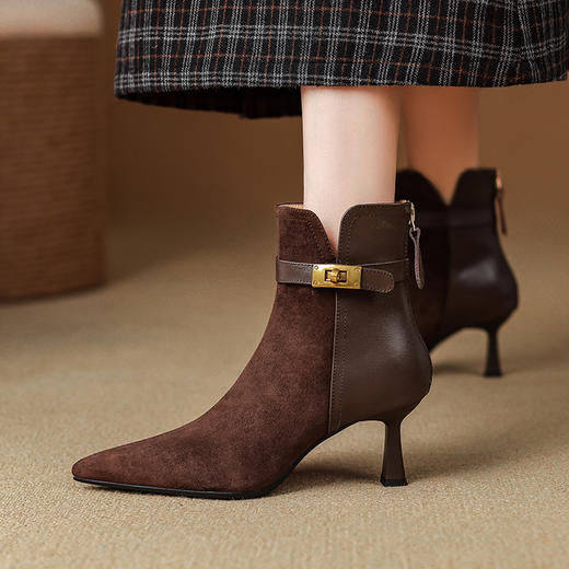 【预售5天】新款真皮气质翻毛皮绒面高跟鞋女靴加绒尖头细跟短靴女秋冬SLLK&sl-8138 商品图0