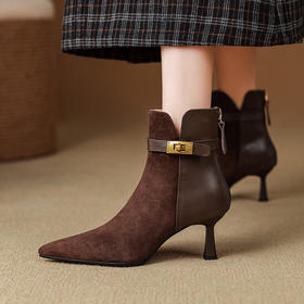 【预售5天】真皮气质翻毛皮绒面高跟鞋女靴，加绒尖头细跟短靴SLLK&sl-8138