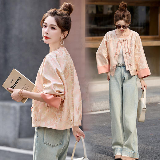 新中式国风绿色外套，复古提花休闲气质短款上衣HR-GJC2507A 商品图2