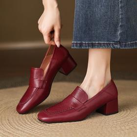 【预售5天】5cm复古风方头低跟浅口单鞋女真皮秋季中跟一脚蹬红色小皮鞋LD&7437