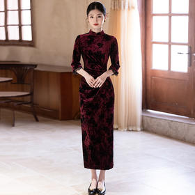 SC22220红色丝绒国风新中式秋季长袖旗袍2025新款年轻款女复古收腰秋冬装