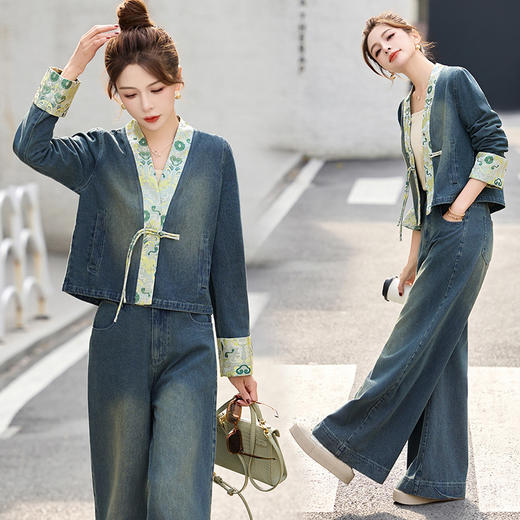 新中式国风牛仔套装，超火高级感阔腿裤穿搭两件套HR-GJC2517 商品图2