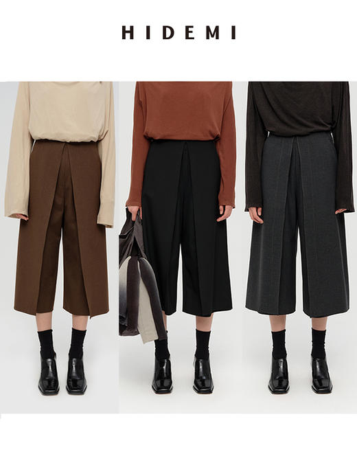 HIDEMI 【当当同款】极简显瘦手工边中高腰立体翻折设计感七分阔腿裤 深灰色/黑色/橄榄棕/奶油米白 商品图0