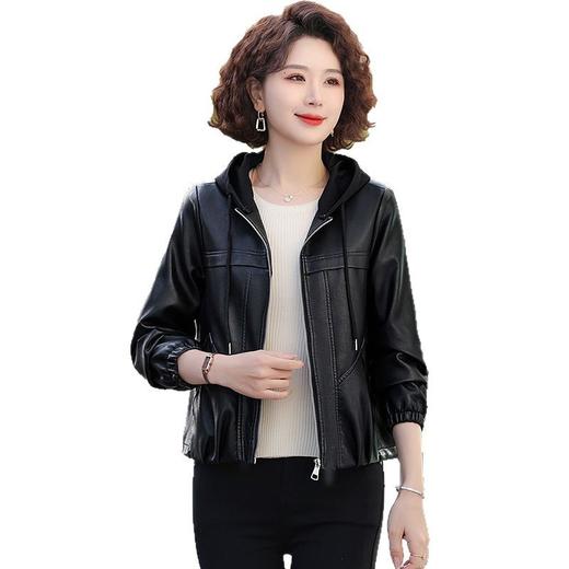 Aye9186短款海宁皮衣外套中老年女装小个子2025春秋款皮衣连帽妈妈皮夹克 商品图4
