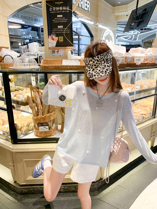 <曾小咸推荐> 韩系蓝色薄款长袖防晒t恤女夏宽松慵懒风罩衫 商品图3