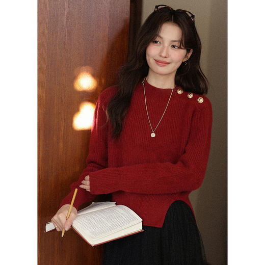 鹿向南「暖红漫想」复古红色套头毛衣女2025秋冬通勤气质长袖上衣L58221 商品图0