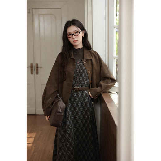 鹿向南「巴黎甜心」法式蓝咖格背心连衣裙女秋季气质显瘦A字长裙 商品图3