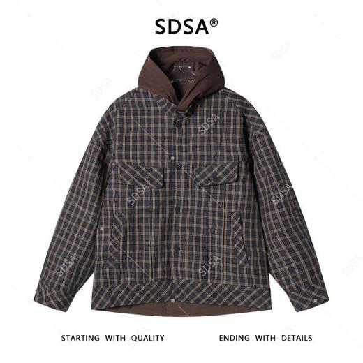 SDSA男士秋冬新款痞帅男装美式撞色格子拼接连帽衬衫宽松时尚衬衣 商品图0
