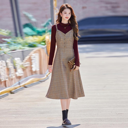 HR ABS25171法式时尚两件套裙洋气复古格纹长袖吊带裙两件套 商品图1