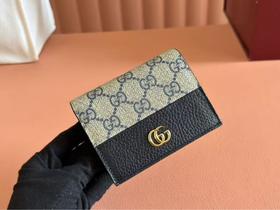 古驰 Marmont GG 马蒙 金标Logo 老花图案 帆布拼皮 双折翻盖卡包钱包 女款 米黑色（LZ）