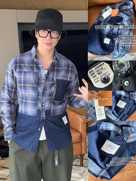 几何衬衫男青年长袖复古宽松格子拼接男士蓝色