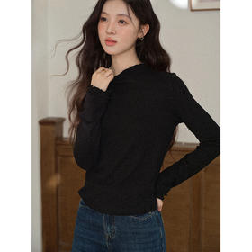 鹿向南「暮光手账」半高领长袖t恤女秋小众叠穿修身黑色短款上衣