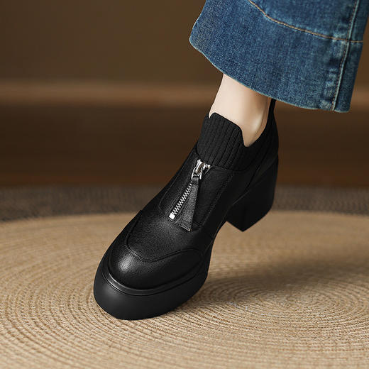 【预售5天】超轻复古风前拉链真皮针织高跟粗跟英伦风小皮鞋女春秋季单鞋DPJ&6155 商品图1