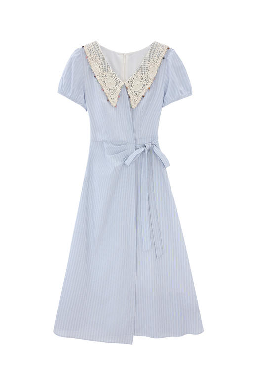 鹿向南「蓝屿漫梦」夏季新款蓝色条纹V领系带收腰时尚连衣裙女DYL661987 商品图2