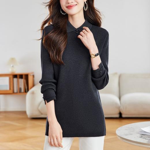 CC 16-9541翻领针织衫中长款简约纯色通勤显瘦打底裙 商品图2