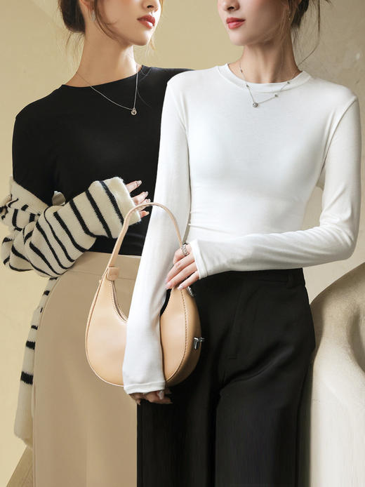 【基础百搭！叠穿必备！】春秋莫代尔棉圆领百搭打底衫 女内搭秋冬黑色长袖内搭 t恤女式T 商品图2