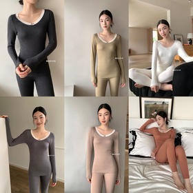 韩社9887绵羊毛轻感发热套装 大v领女修身保暖内衣 高弹力秋衣秋裤