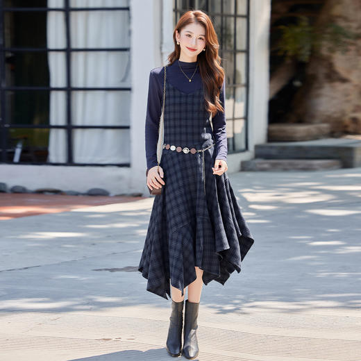 HR ABS25170复古港风格纹吊带裙套装气质连衣裙两件套 商品图3