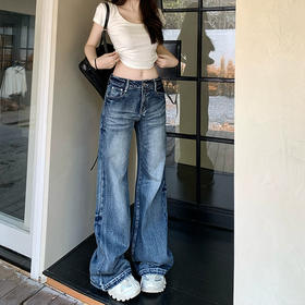 【GZ】无忧购微喇大码美式牛仔裤女直筒高街阔腿宽松拖地喇叭裤子123（截单后3-5天发货)