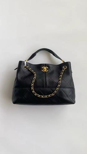 D100260大容量手提单肩腋下包百搭黑金hobo菱格链条包