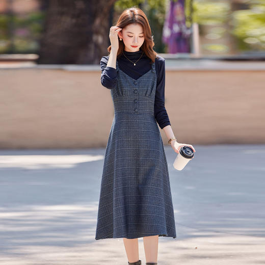 HR ABS25171法式时尚两件套裙洋气复古格纹长袖吊带裙两件套 商品图0