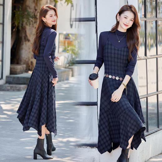 HR ABS25170复古港风格纹吊带裙套装气质连衣裙两件套 商品图1