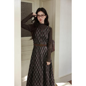 鹿向南「巴黎甜心」法式蓝咖格背心连衣裙女秋季气质显瘦A字长裙