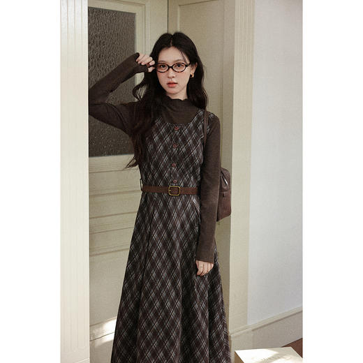 鹿向南「巴黎甜心」法式蓝咖格背心连衣裙女秋季气质显瘦A字长裙 商品图0