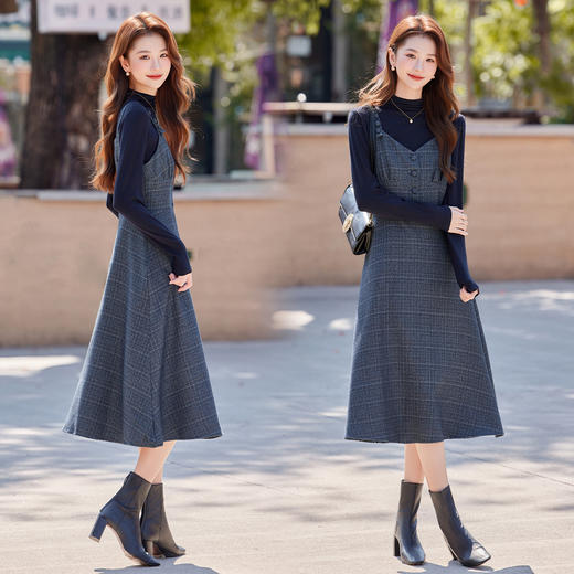 HR ABS25171法式时尚两件套裙洋气复古格纹长袖吊带裙两件套 商品图2