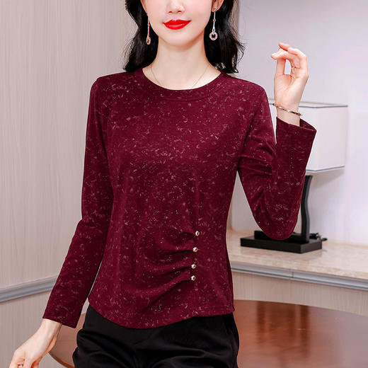 KQL A83N3198洋气小圆领棉料长袖t恤修身纯色打底衫 商品图2