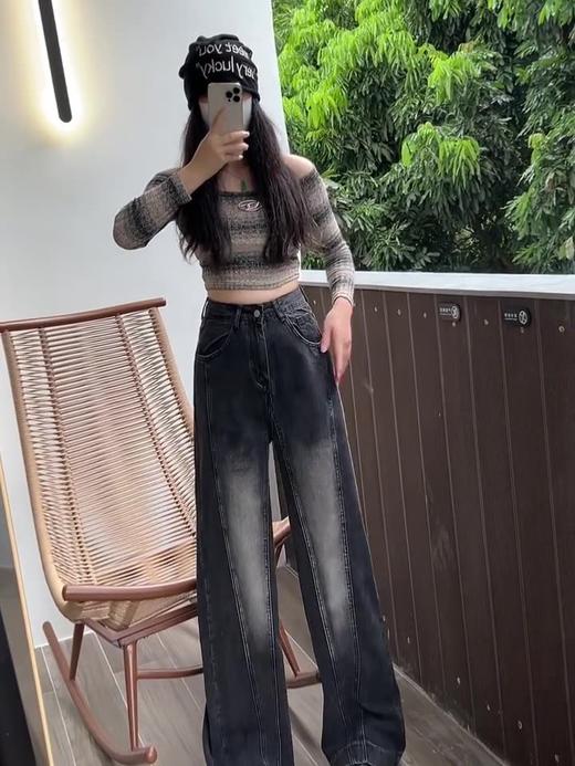 【GZ】无忧购黑灰色拼接牛仔裤女设计感宽松大码直筒拖地阔腿长裤子2503（截单后3-5天发货) 商品图3
