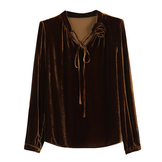 KQL A83N3303法式暗丝绒系带衬衫镂空花朵显瘦上衣 商品图4