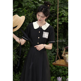 【65折秒杀】鹿向南「杜塞画廊」法式黑色娃娃领短袖连衣裙夏季新款时尚长裙女L56086