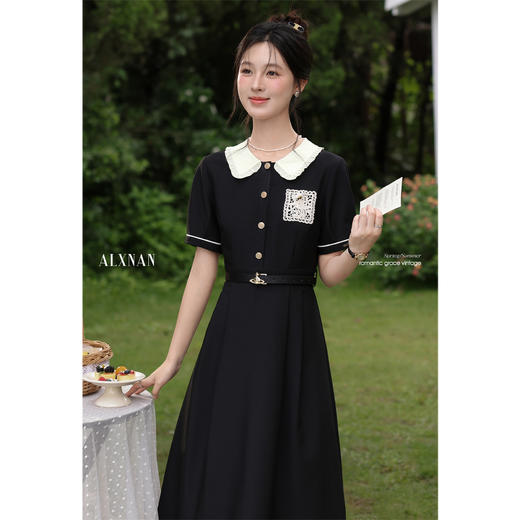 【65折秒杀】鹿向南「杜塞画廊」法式黑色娃娃领短袖连衣裙夏季新款时尚长裙女L56086 商品图2